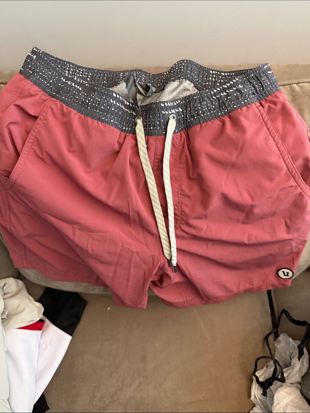 Vuori Men's Athletic Shorts - Dusty Rose with Heathered Gray Waistband